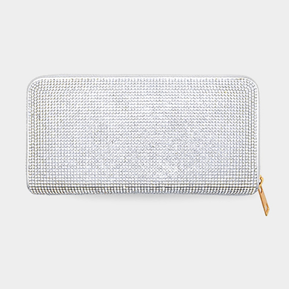 Silver Rhinestone Zipper Wallet Clutch